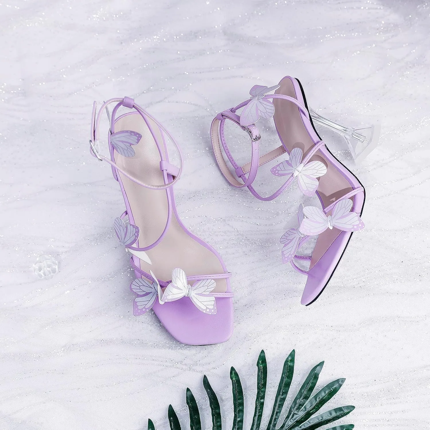 Esvowido Heeled Sandals for Women, Butterfly Ankle Strap Open Toe High Heels, Strappy Square Toe Clear Stiletto Spool Heels, Butterfly Sandals 4 Inches
