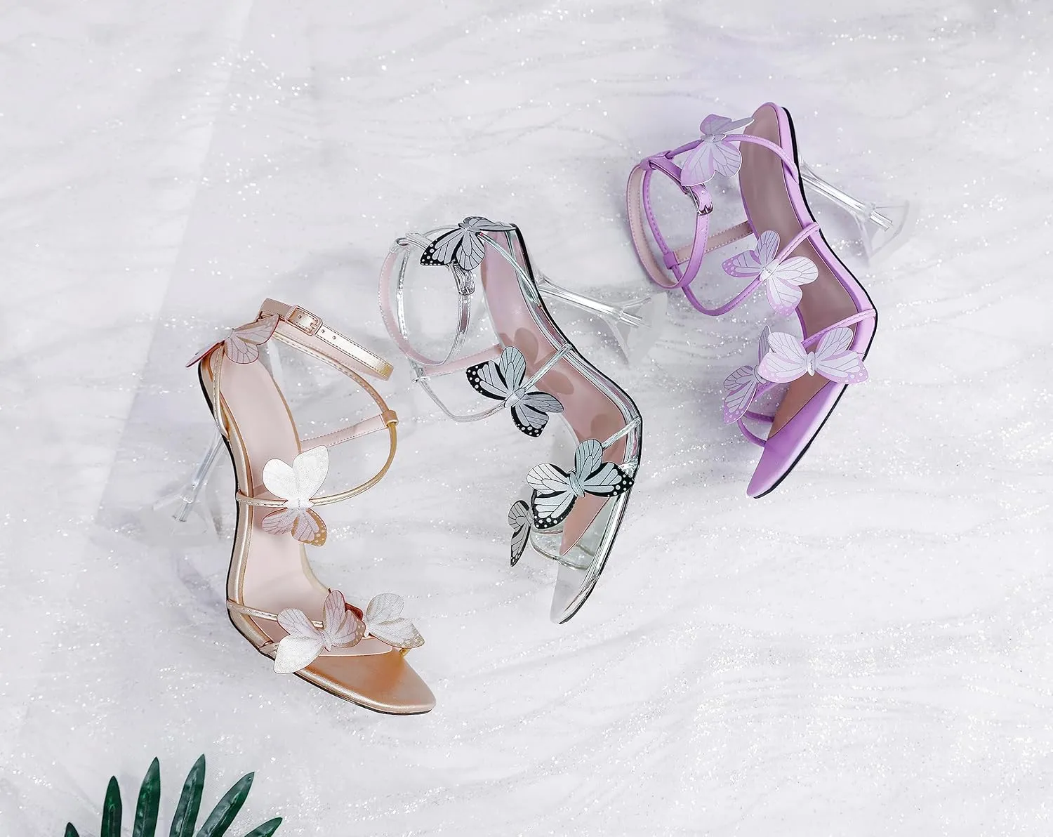 Esvowido Heeled Sandals for Women, Butterfly Ankle Strap Open Toe High Heels, Strappy Square Toe Clear Stiletto Spool Heels, Butterfly Sandals 4 Inches