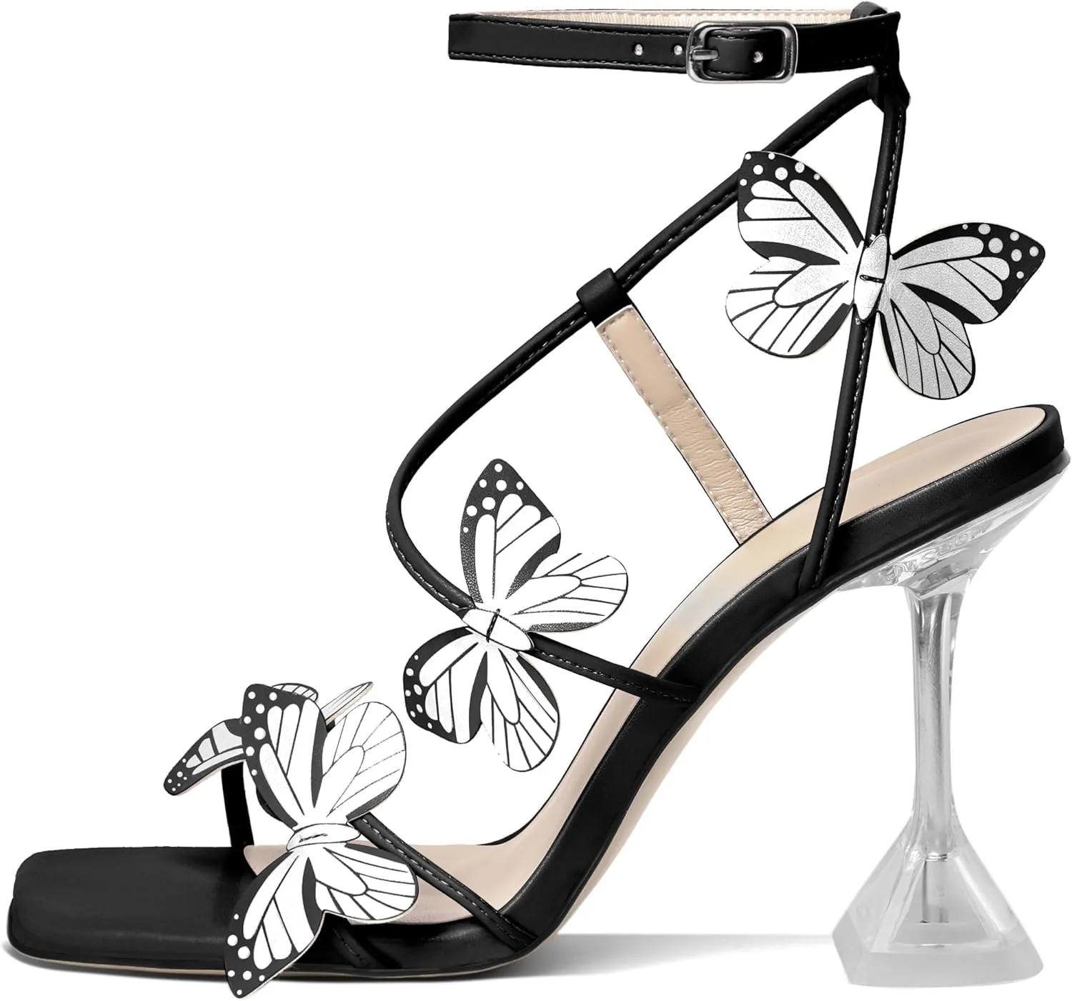 Esvowido Heeled Sandals for Women, Butterfly Ankle Strap Open Toe High Heels, Strappy Square Toe Clear Stiletto Spool Heels, Butterfly Sandals 4 Inches