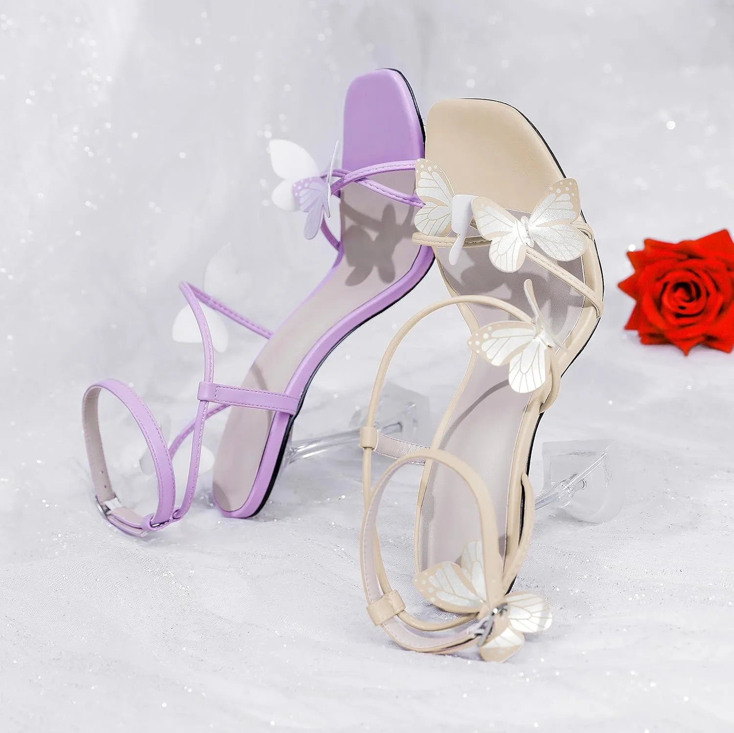 Esvowido Heeled Sandals for Women, Butterfly Ankle Strap Open Toe High Heels, Strappy Square Toe Clear Stiletto Spool Heels, Butterfly Sandals 4 Inches