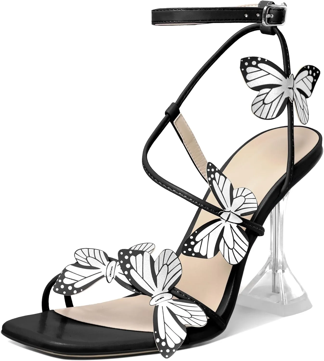 Esvowido Heeled Sandals for Women, Butterfly Ankle Strap Open Toe High Heels, Strappy Square Toe Clear Stiletto Spool Heels, Butterfly Sandals 4 Inches