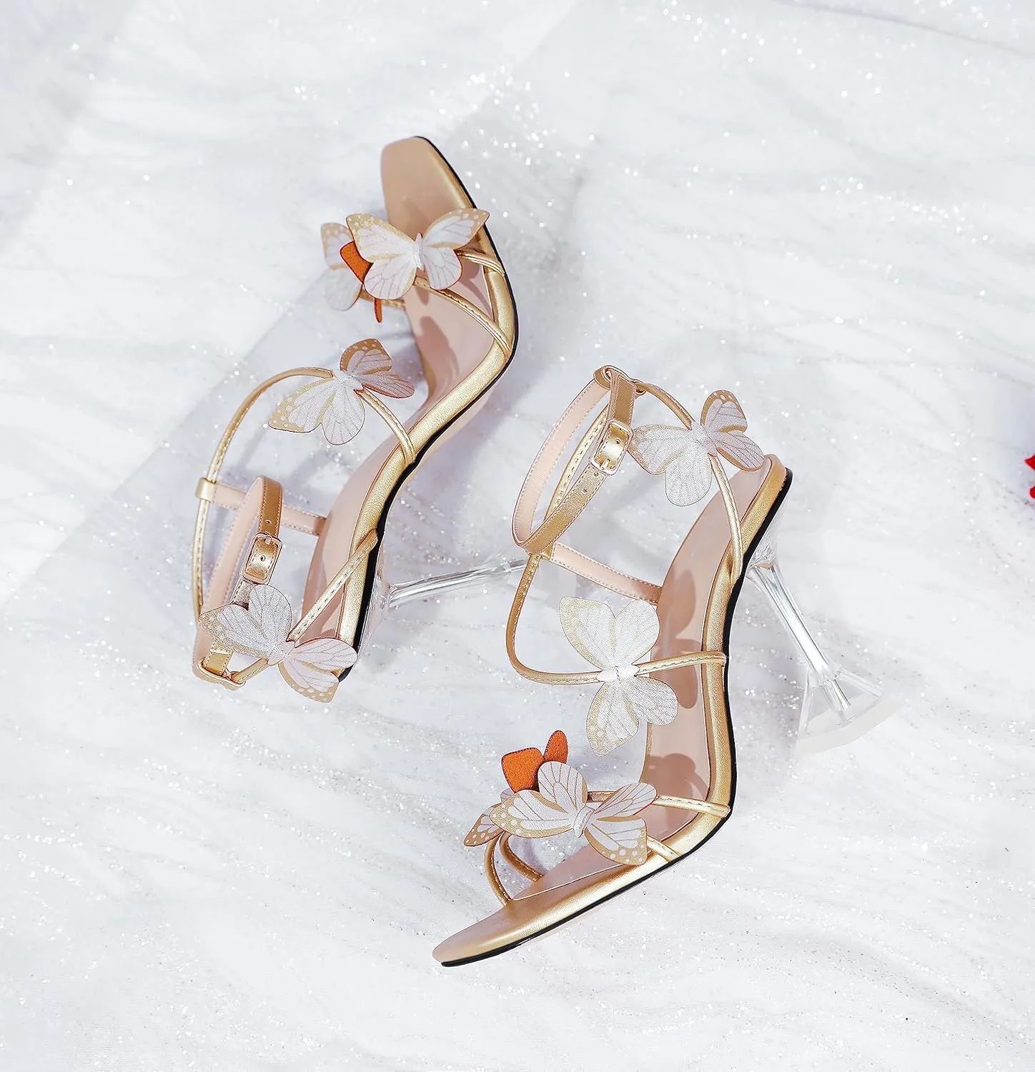 Esvowido Heeled Sandals for Women, Butterfly Ankle Strap Open Toe High Heels, Strappy Square Toe Clear Stiletto Spool Heels, Butterfly Sandals 4 Inches