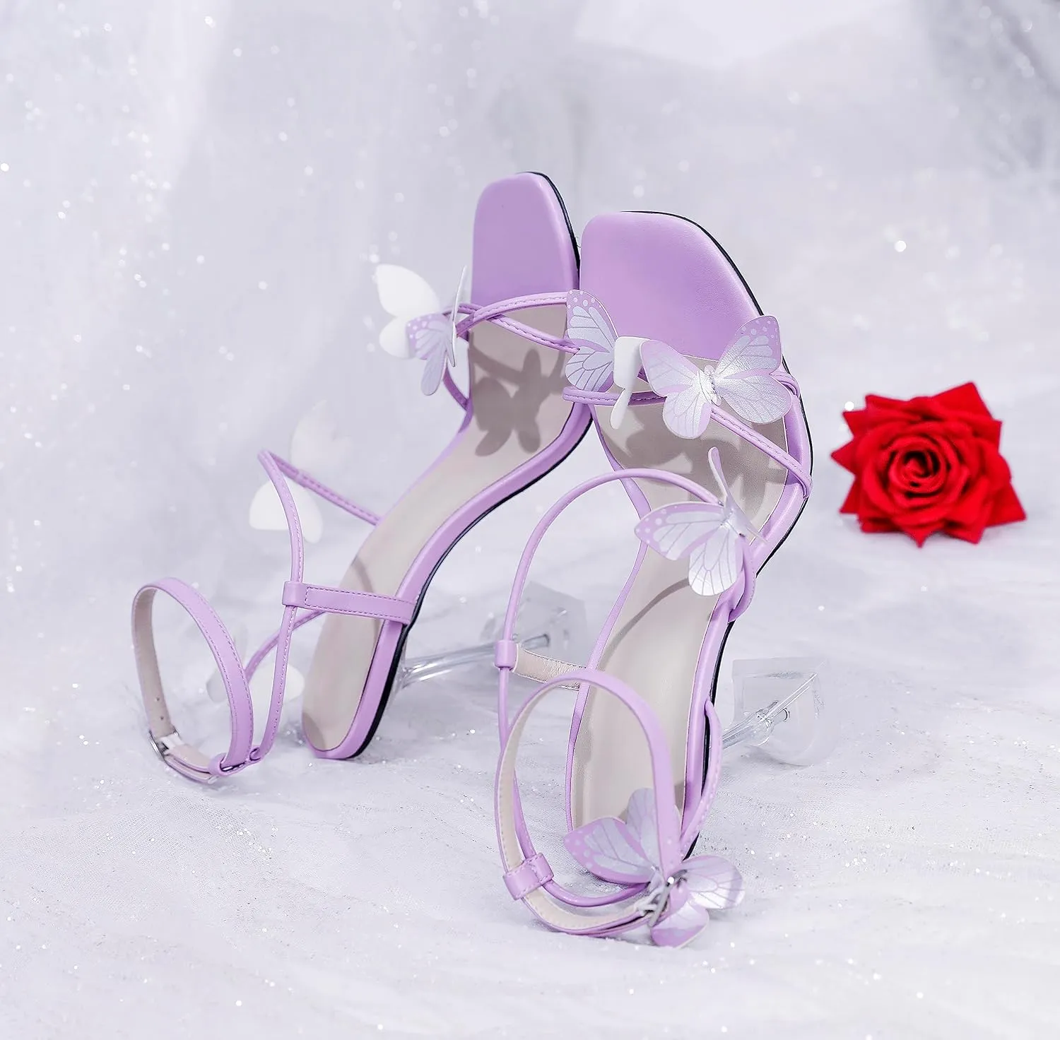 Esvowido Heeled Sandals for Women, Butterfly Ankle Strap Open Toe High Heels, Strappy Square Toe Clear Stiletto Spool Heels, Butterfly Sandals 4 Inches