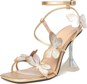 Esvowido Heeled Sandals for Women, Butterfly Ankle Strap Open Toe High Heels, Strappy Square Toe Clear Stiletto Spool Heels, Butterfly Sandals 4 Inches