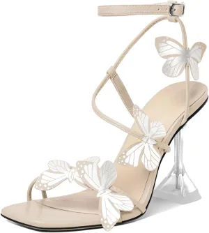 Esvowido Heeled Sandals for Women, Butterfly Ankle Strap Open Toe High Heels, Strappy Square Toe Clear Stiletto Spool Heels, Butterfly Sandals 4 Inches