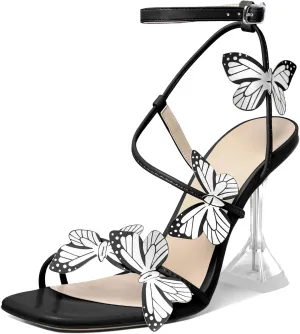 Esvowido Heeled Sandals for Women, Butterfly Ankle Strap Open Toe High Heels, Strappy Square Toe Clear Stiletto Spool Heels, Butterfly Sandals 4 Inches