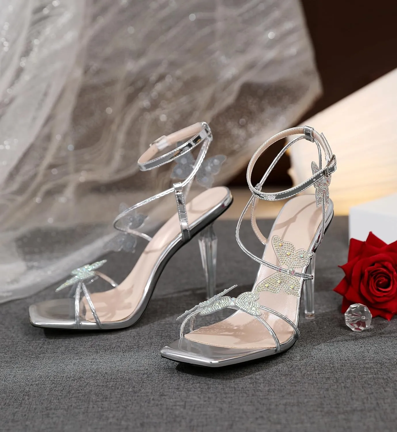 Esvowido High Heel Sandals for Women, Ankle Strap Butterfly Strappy Open Toe High Heels, Square Toe Clear Stiletto Heeled Sandals, Butterfly Heels 4 Inches
