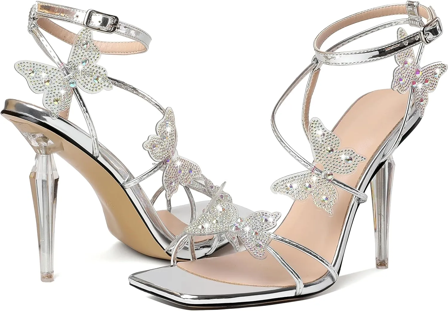 Esvowido High Heel Sandals for Women, Ankle Strap Butterfly Strappy Open Toe High Heels, Square Toe Clear Stiletto Heeled Sandals, Butterfly Heels 4 Inches