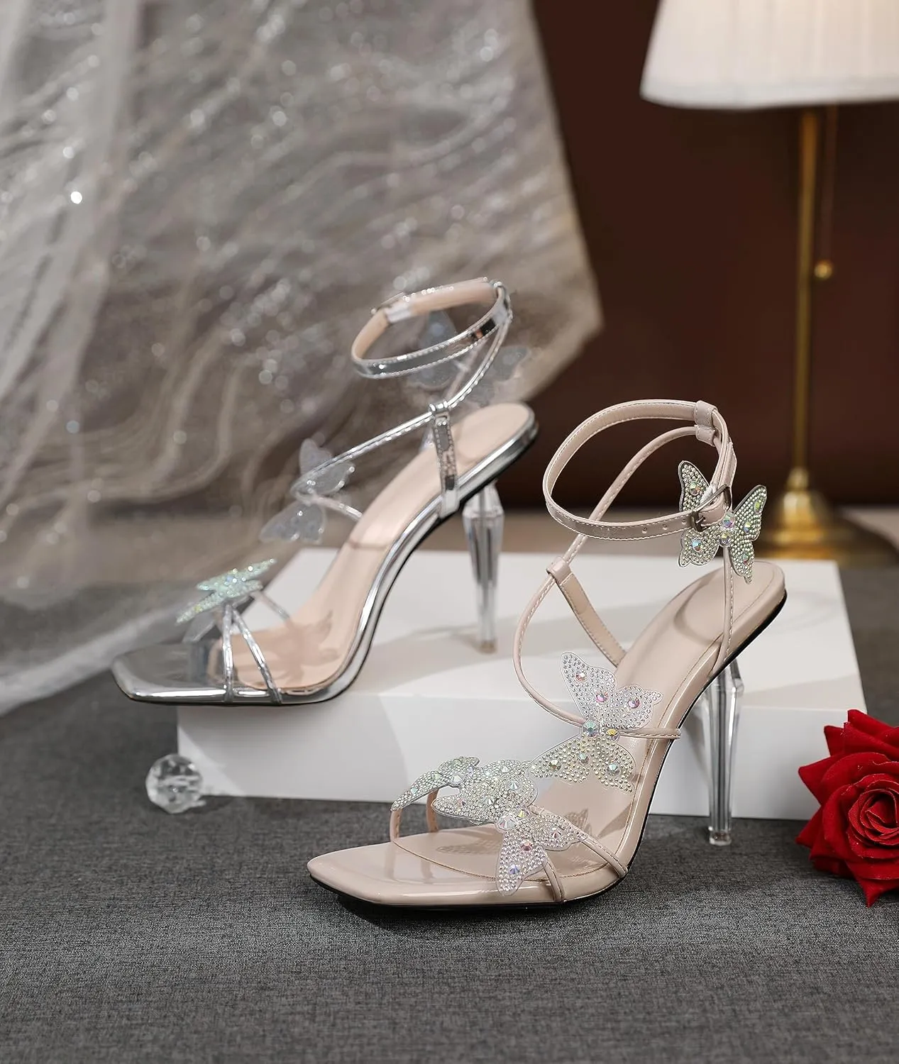 Esvowido High Heel Sandals for Women, Ankle Strap Butterfly Strappy Open Toe High Heels, Square Toe Clear Stiletto Heeled Sandals, Butterfly Heels 4 Inches