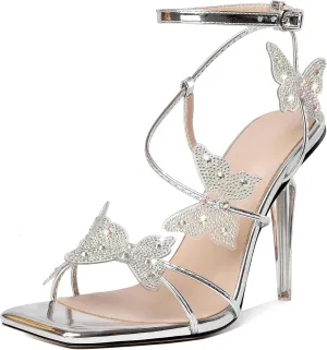 Esvowido High Heel Sandals for Women, Ankle Strap Butterfly Strappy Open Toe High Heels, Square Toe Clear Stiletto Heeled Sandals, Butterfly Heels 4 Inches