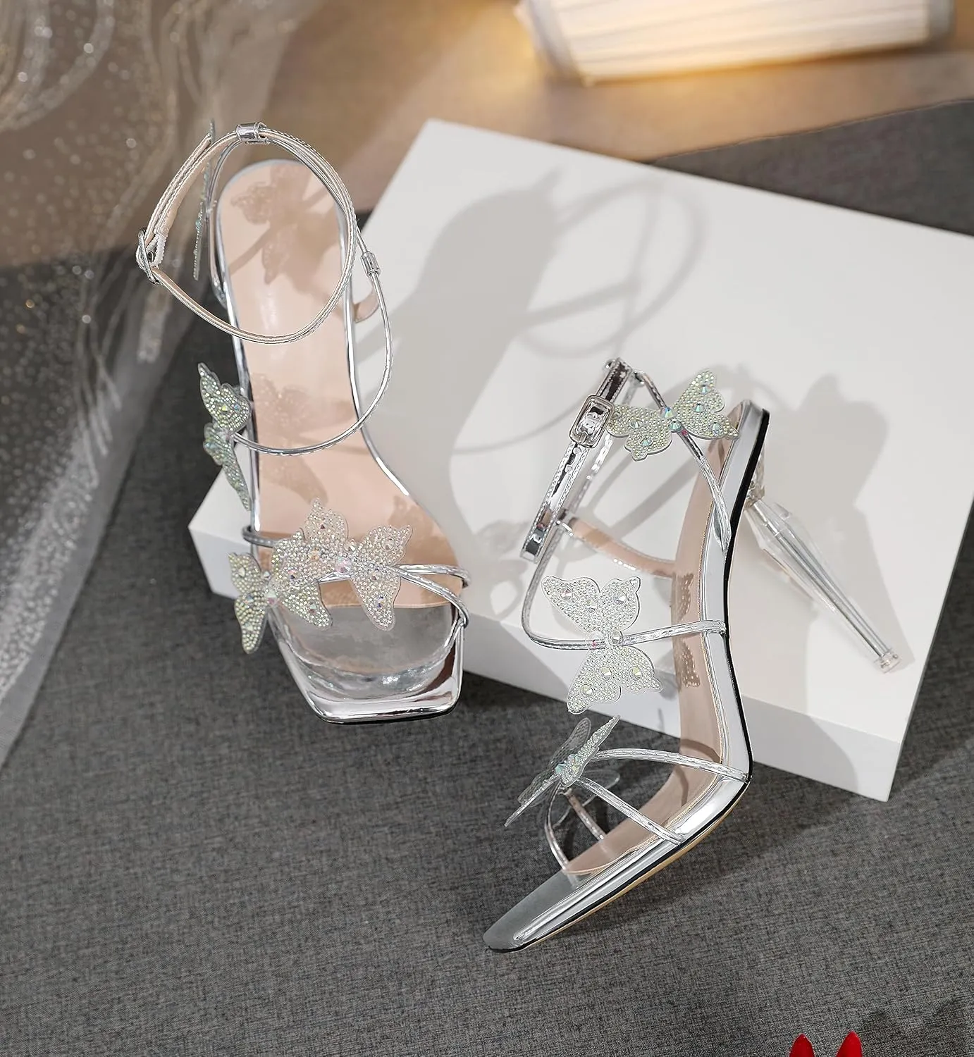 Esvowido High Heel Sandals for Women, Ankle Strap Butterfly Strappy Open Toe High Heels, Square Toe Clear Stiletto Heeled Sandals, Butterfly Heels 4 Inches