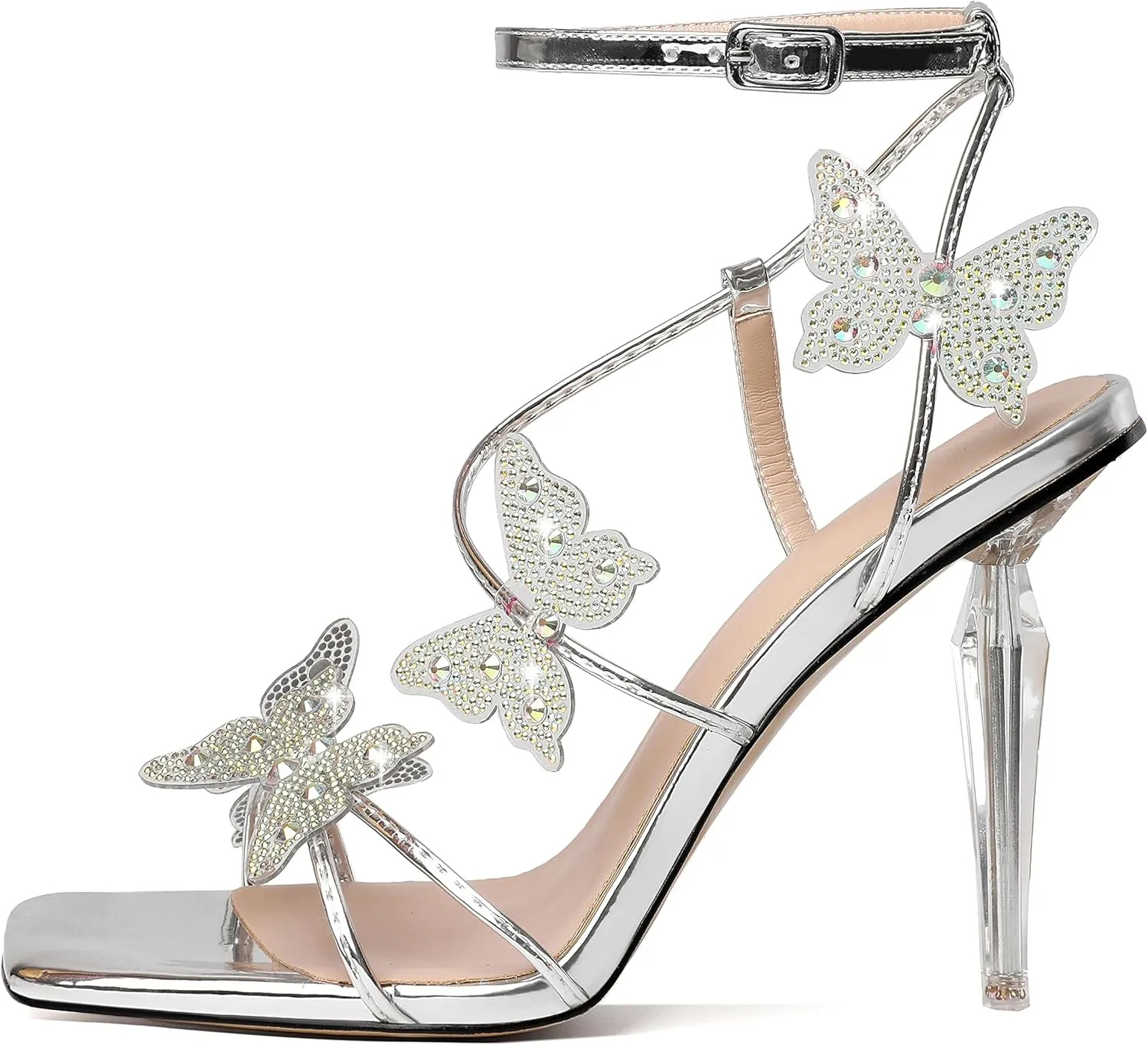Esvowido High Heel Sandals for Women, Ankle Strap Butterfly Strappy Open Toe High Heels, Square Toe Clear Stiletto Heeled Sandals, Butterfly Heels 4 Inches