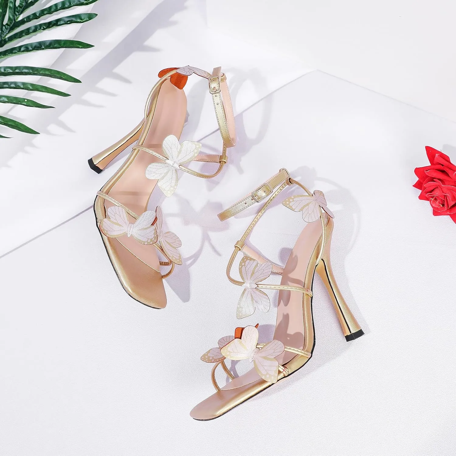 Esvowido Women's High Heel Sandals, Ankle Strap Strappy Butterfly Heels, Square Open Toe Stiletto Heeled Sandals 4 Inches