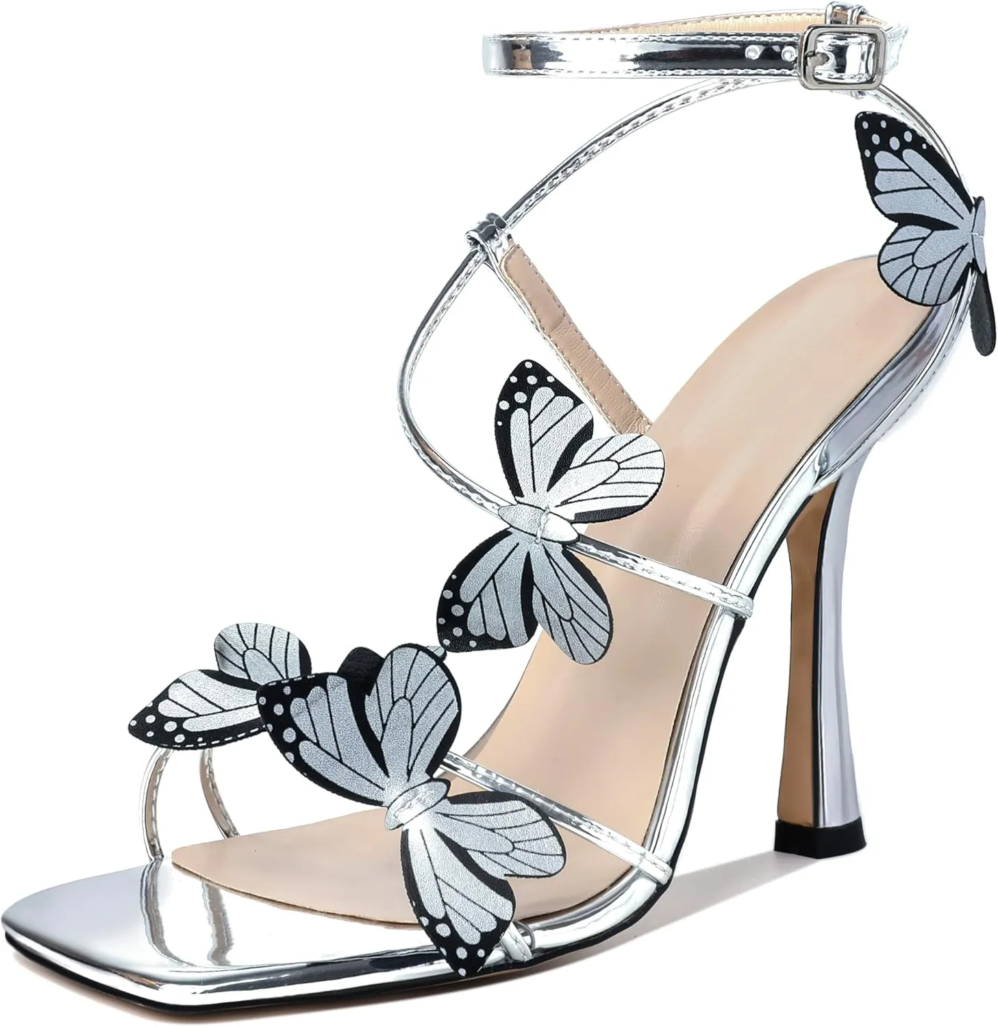 Esvowido Women's High Heel Sandals, Ankle Strap Strappy Butterfly Heels, Square Open Toe Stiletto Heeled Sandals 4 Inches