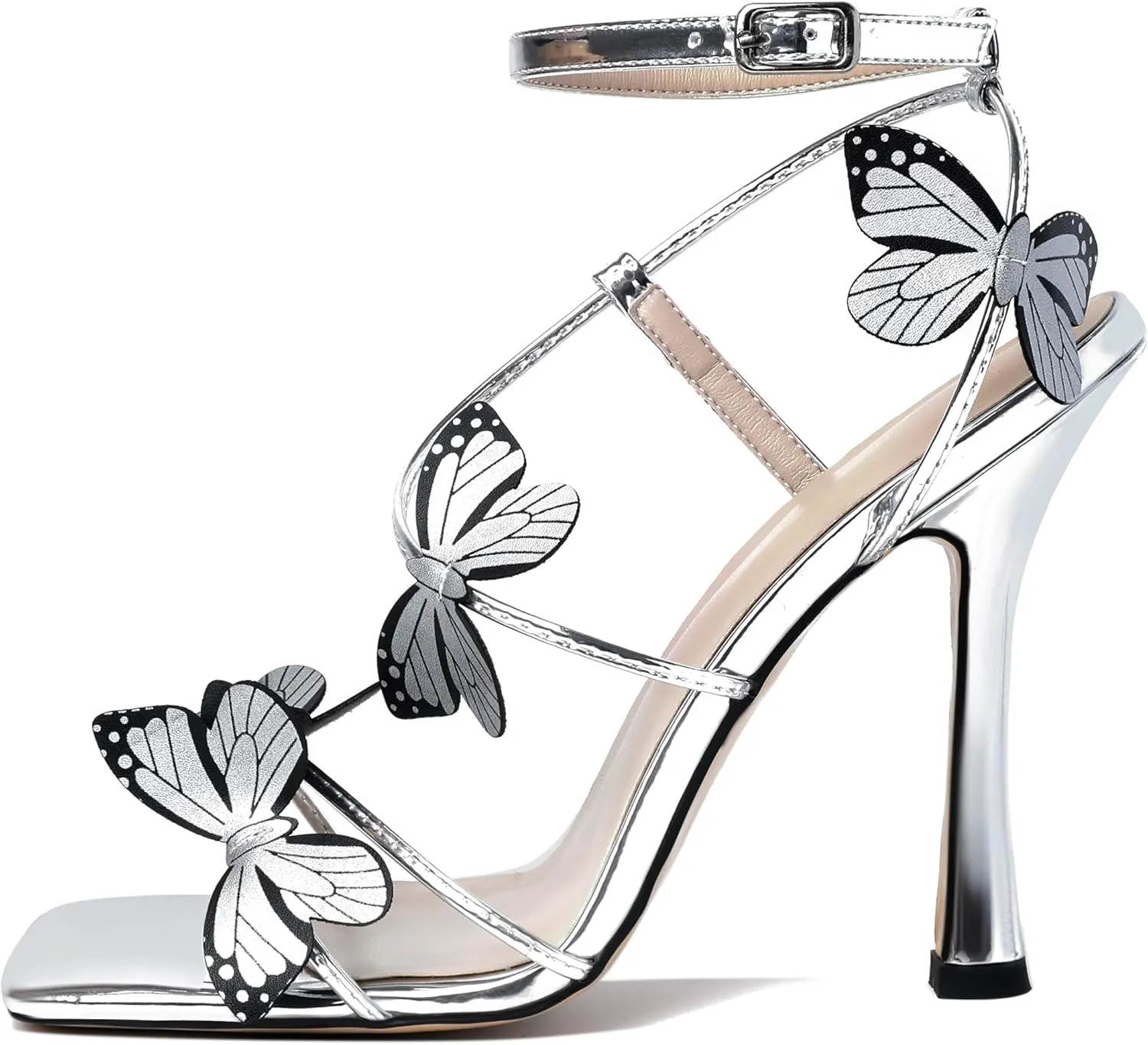 Esvowido Women's High Heel Sandals, Ankle Strap Strappy Butterfly Heels, Square Open Toe Stiletto Heeled Sandals 4 Inches