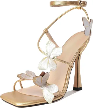 Esvowido Women's High Heel Sandals, Ankle Strap Strappy Butterfly Heels, Square Open Toe Stiletto Heeled Sandals 4 Inches