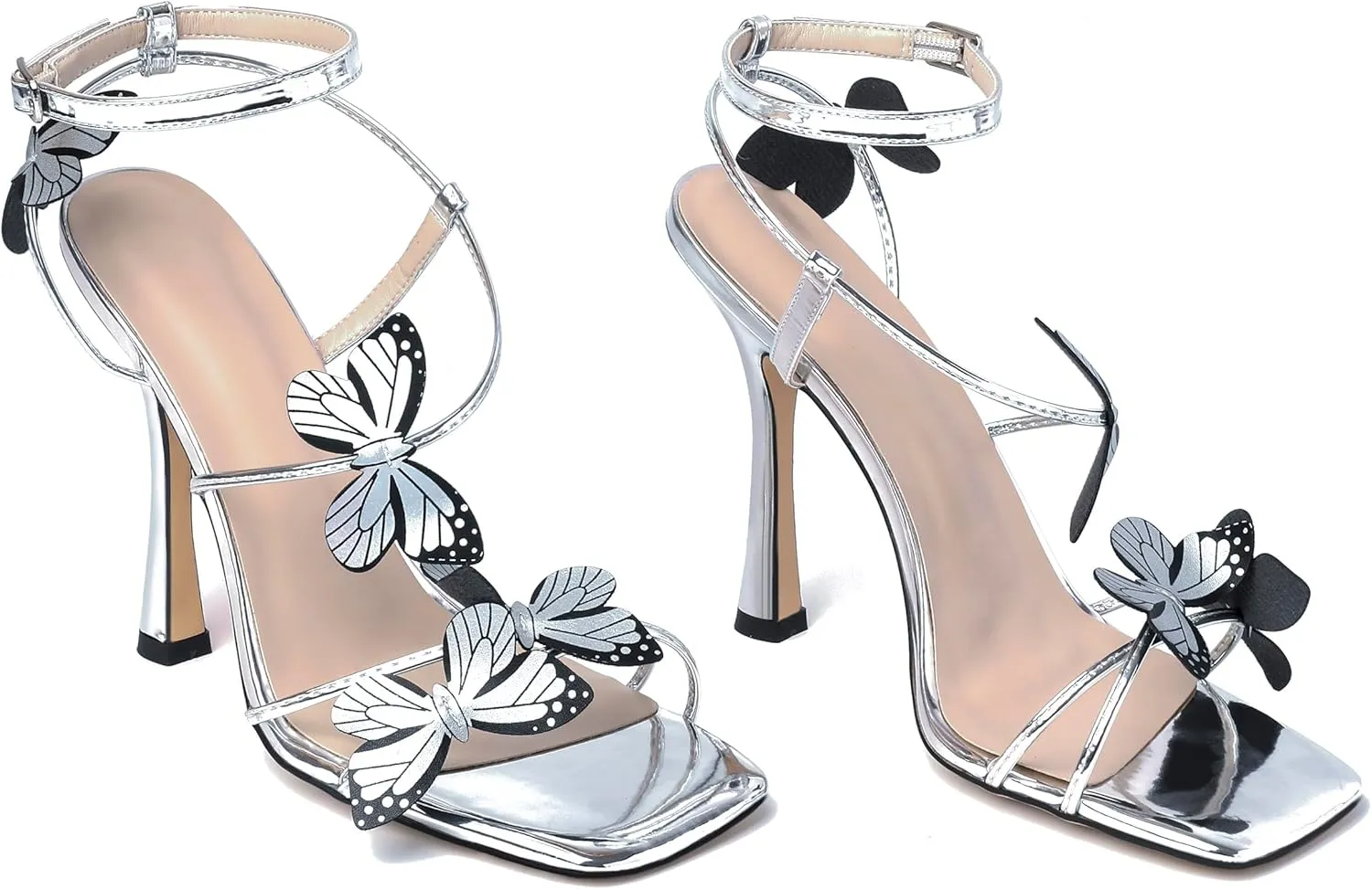 Esvowido Women's High Heel Sandals, Ankle Strap Strappy Butterfly Heels, Square Open Toe Stiletto Heeled Sandals 4 Inches
