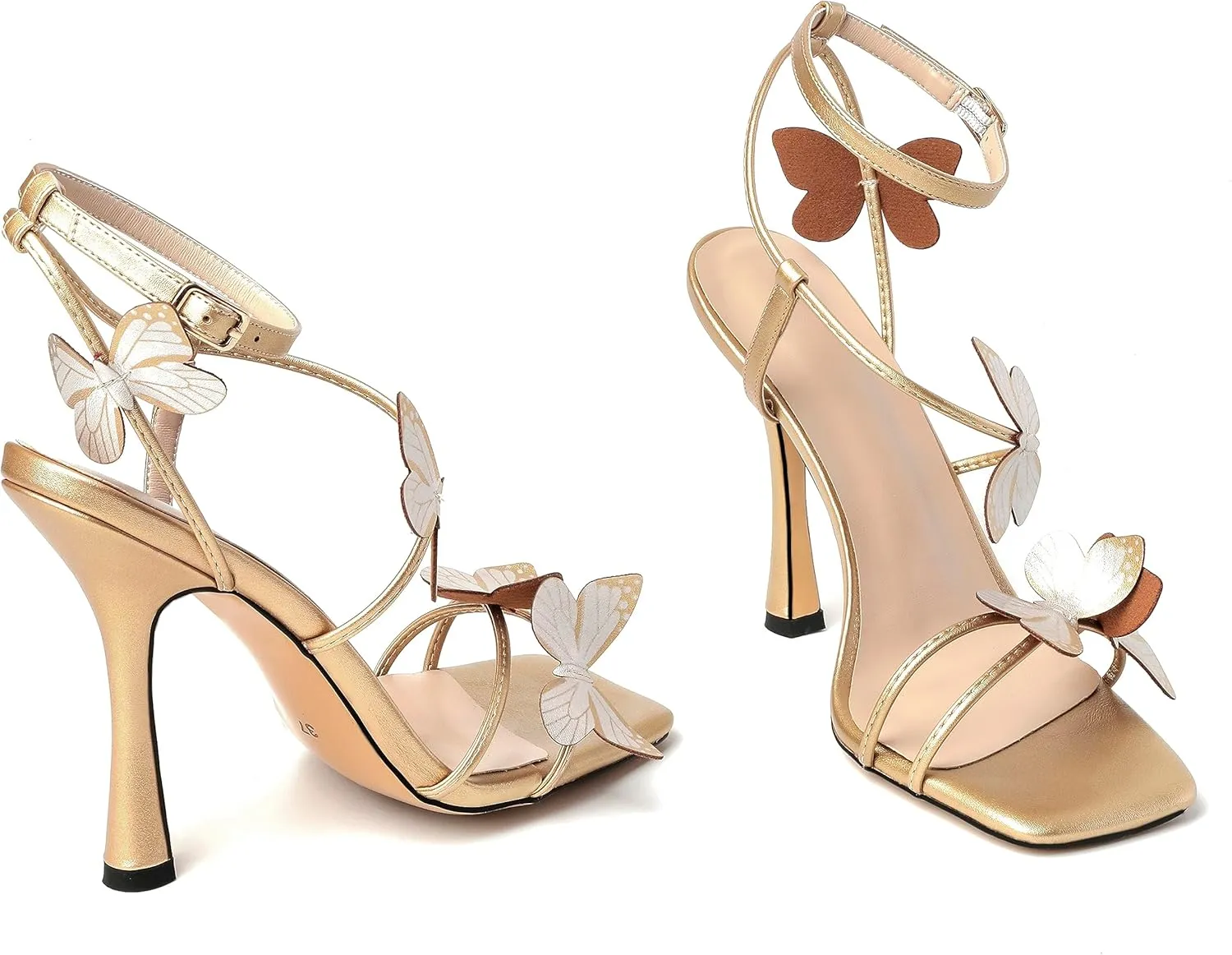 Esvowido Women's High Heel Sandals, Ankle Strap Strappy Butterfly Heels, Square Open Toe Stiletto Heeled Sandals 4 Inches