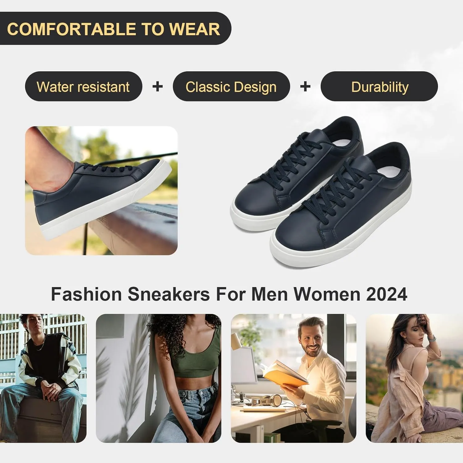 Fashion Sneakers for Men Women, Men’s Black Casual Leather Skate Shoes, Non Slip Comfortable Breathable Tennis Walking Shoes