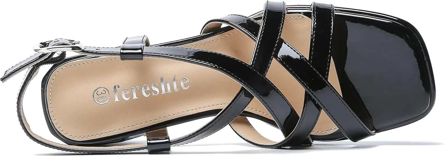 fereshte Women's Slingback Heeled Sandals Corss Straps Open Toe Strappy Low Block Heel Sandals