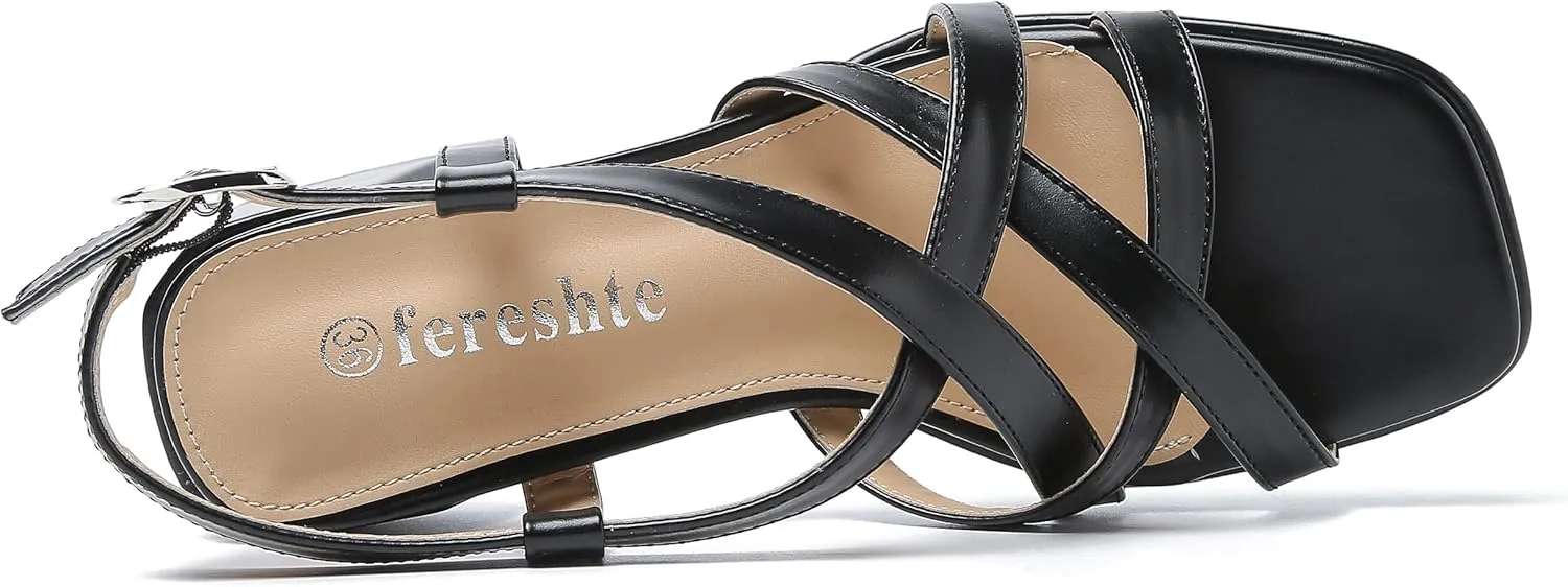 fereshte Women's Slingback Heeled Sandals Corss Straps Open Toe Strappy Low Block Heel Sandals