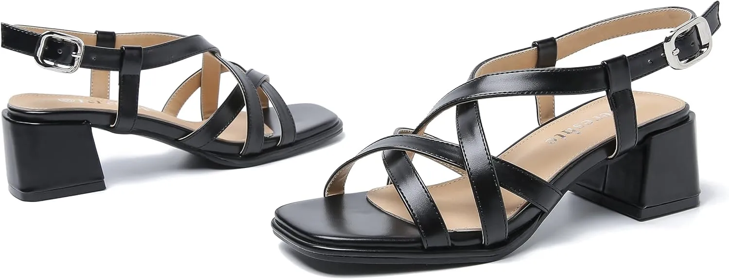 fereshte Women's Slingback Heeled Sandals Corss Straps Open Toe Strappy Low Block Heel Sandals