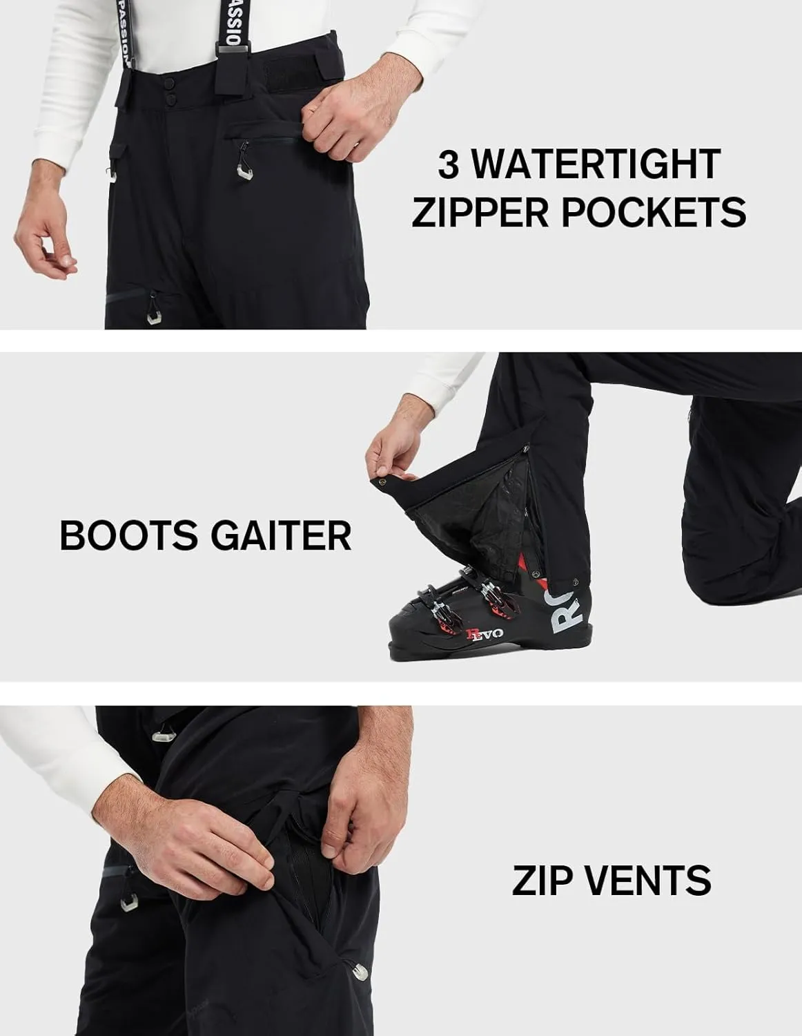fit space Men's Ski Snow Pants Waterproof 15,000mm Removable Stretch Suspenders Insulated Winter Alpine Pants