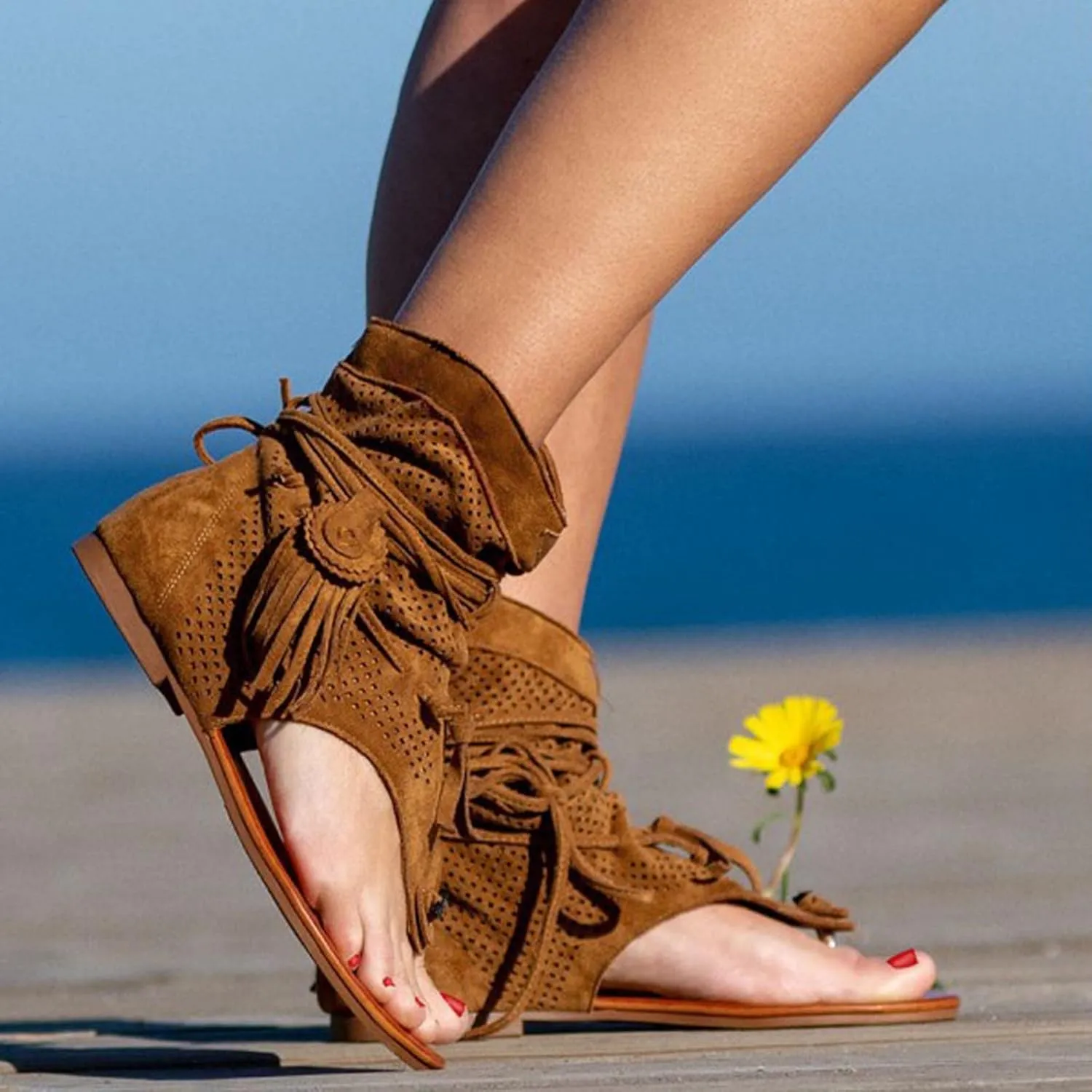 Flip Flops for Women Dressy Summer Flats Vintage Fringe Tassel Straps Clip Toe Slides Breathable Mesh Slippers Bohemian Roman Beach Shoes Boots