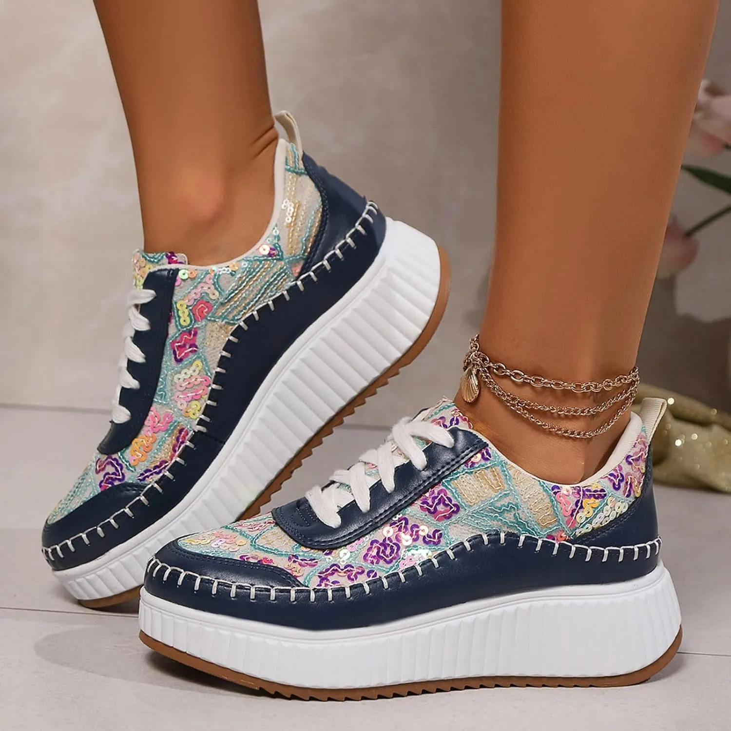 Floral Casual Canvas Shoes for Women Lace Up Low Top Air Cushioned Slip On Walking Sneakers Orthopedic Non Slip Lightweight Breathable Comfy Plantar Fasciitis Shoe Running Jogging Tennis Footwear