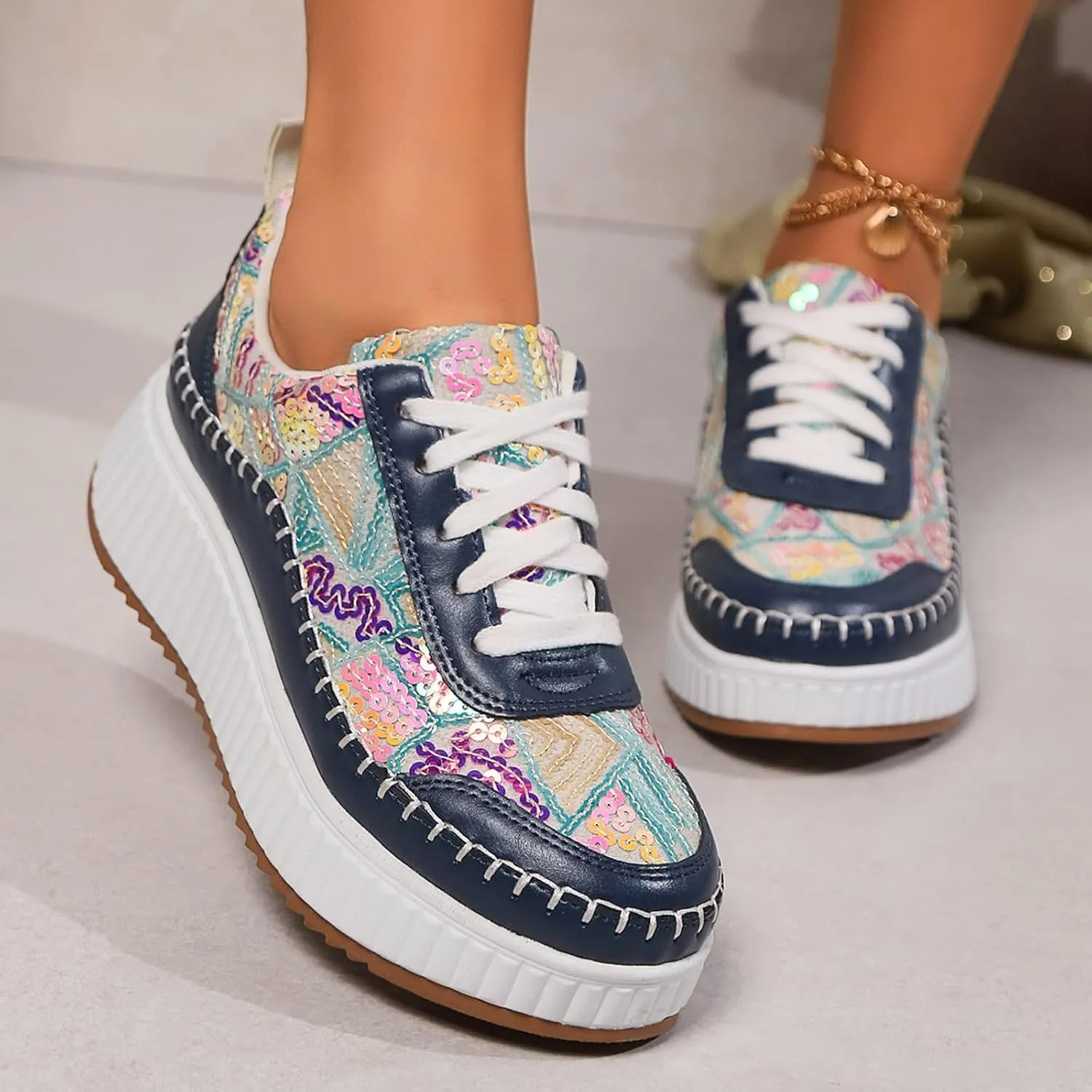 Floral Casual Canvas Shoes for Women Lace Up Low Top Air Cushioned Slip On Walking Sneakers Orthopedic Non Slip Lightweight Breathable Comfy Plantar Fasciitis Shoe Running Jogging Tennis Footwear