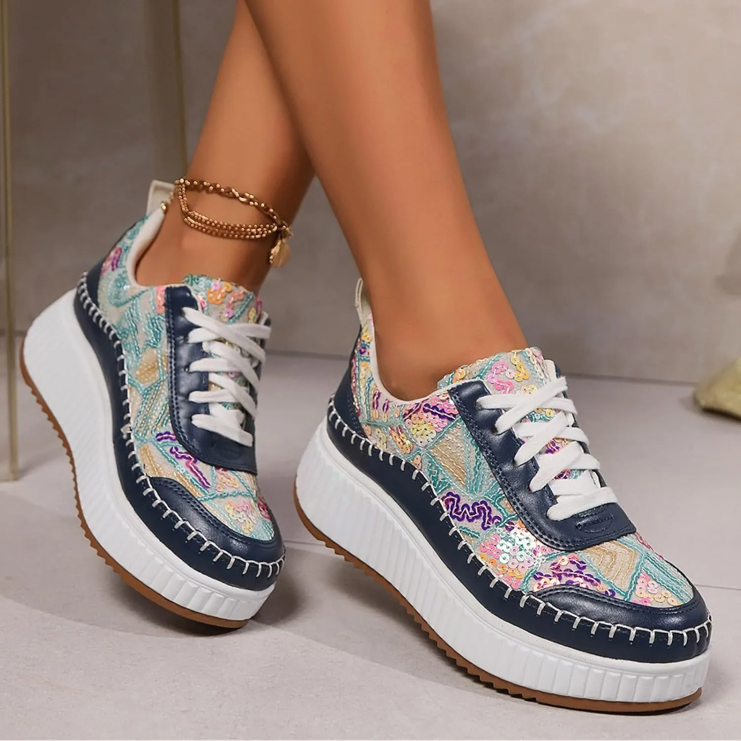 Floral Casual Canvas Shoes for Women Lace Up Low Top Air Cushioned Slip On Walking Sneakers Orthopedic Non Slip Lightweight Breathable Comfy Plantar Fasciitis Shoe Running Jogging Tennis Footwear
