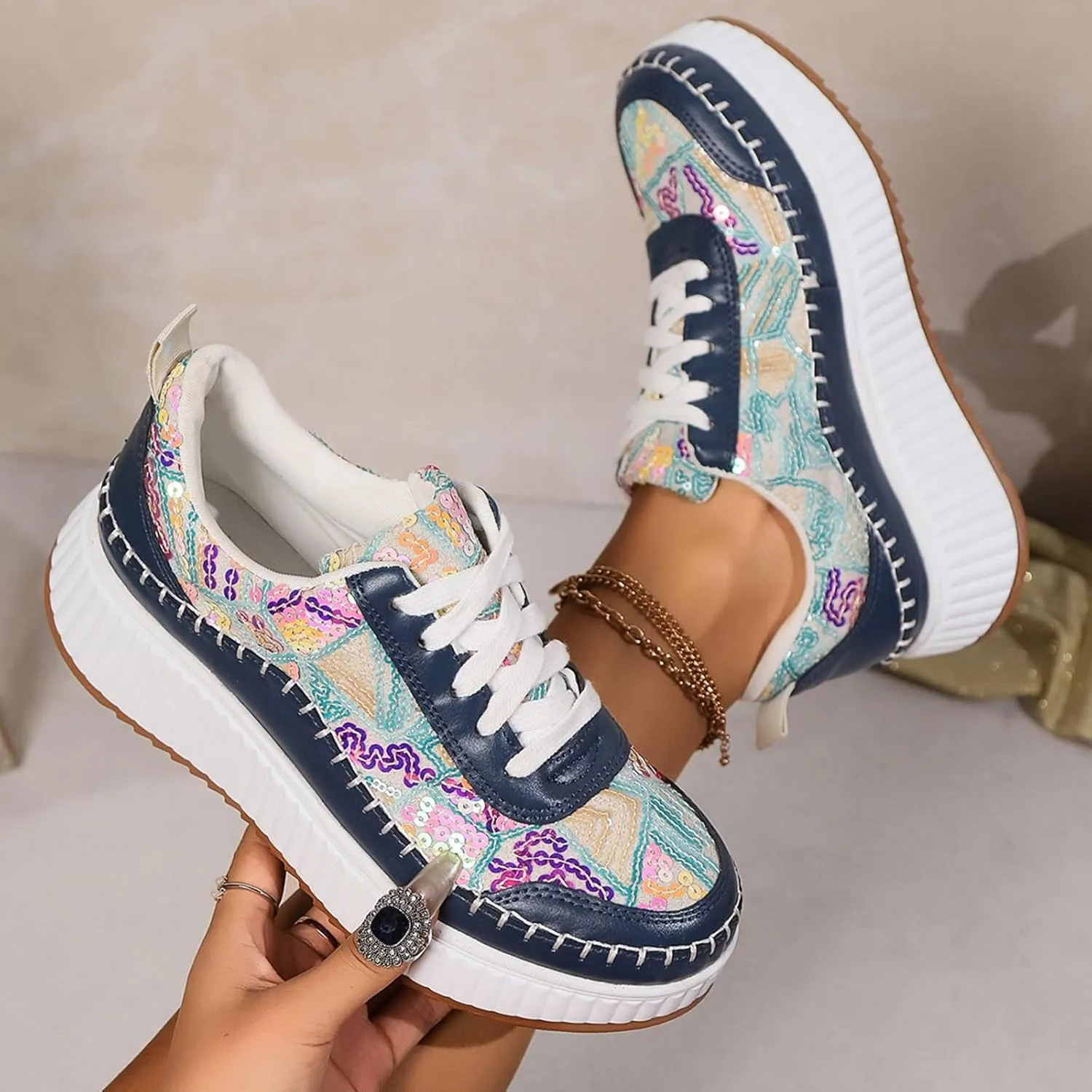 Floral Casual Canvas Shoes for Women Lace Up Low Top Air Cushioned Slip On Walking Sneakers Orthopedic Non Slip Lightweight Breathable Comfy Plantar Fasciitis Shoe Running Jogging Tennis Footwear