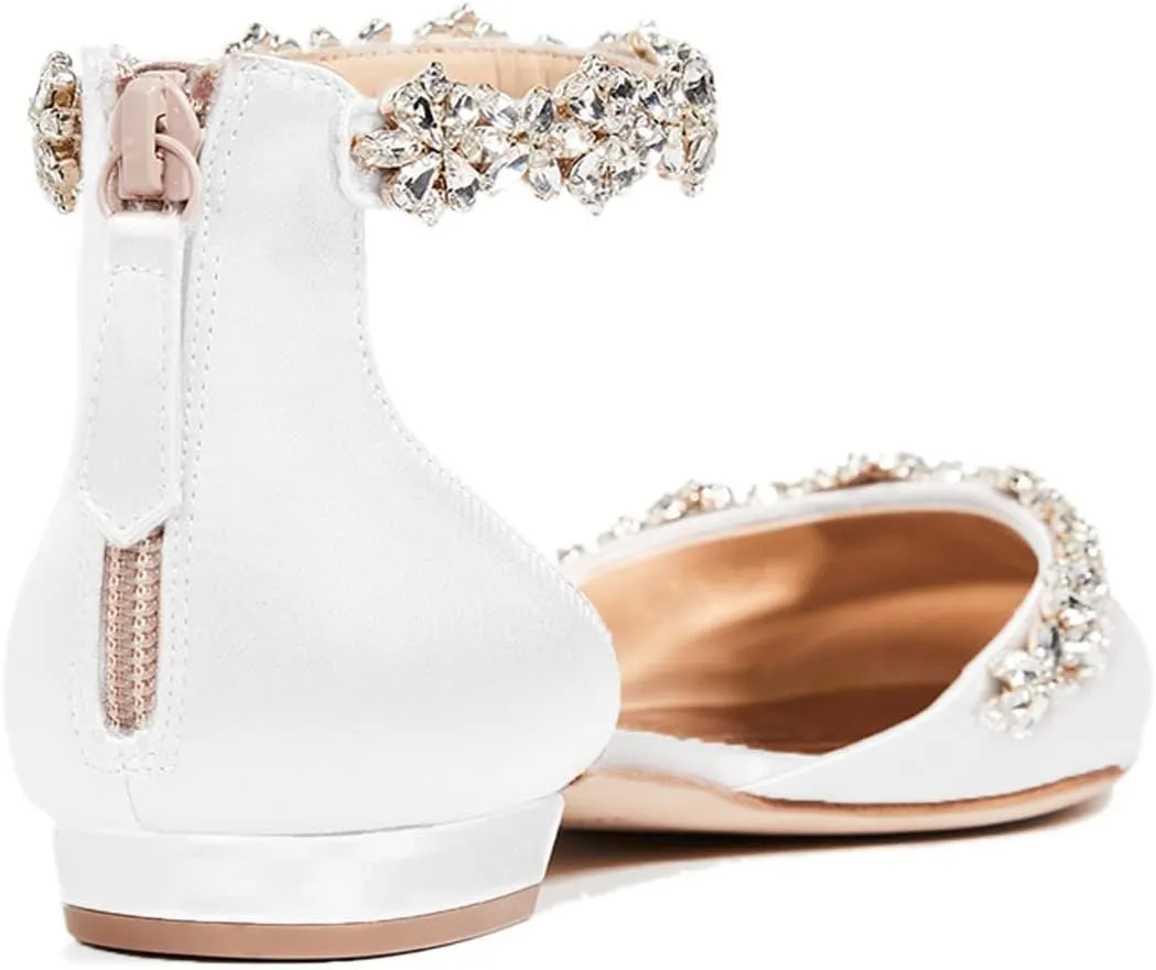 FOWT Elegant Satin Crystal Strap Back Zipper D'Orsay White Flats for Women Casual Closed Pointed Toe Shallow Dress Formal Shoes for Girls, US Size 4-16 M