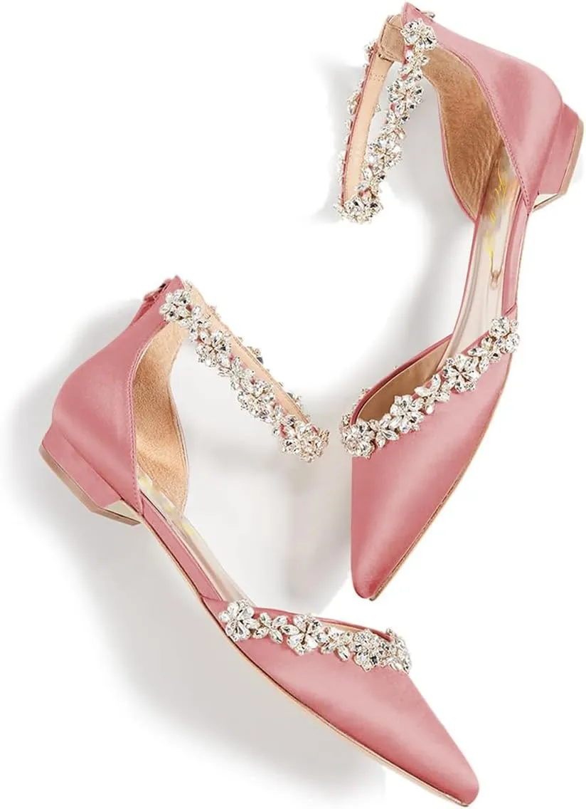 FOWT Elegant Satin Crystal Strap Back Zipper D'Orsay White Flats for Women Casual Closed Pointed Toe Shallow Dress Formal Shoes for Girls, US Size 4-16 M