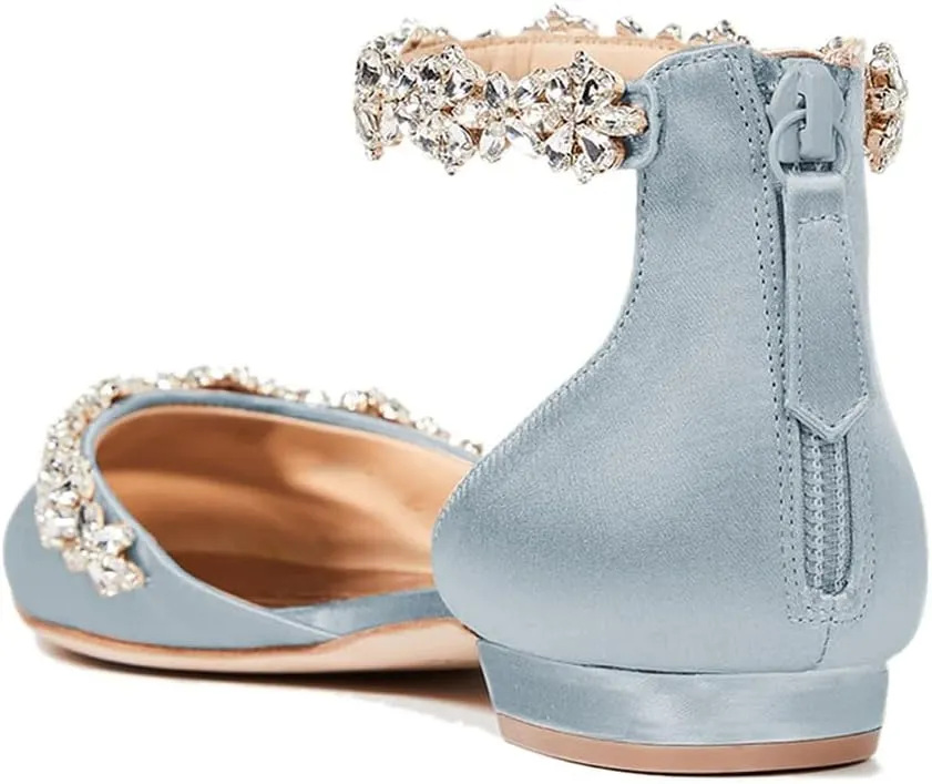 FOWT Elegant Satin Crystal Strap Back Zipper D'Orsay White Flats for Women Casual Closed Pointed Toe Shallow Dress Formal Shoes for Girls, US Size 4-16 M