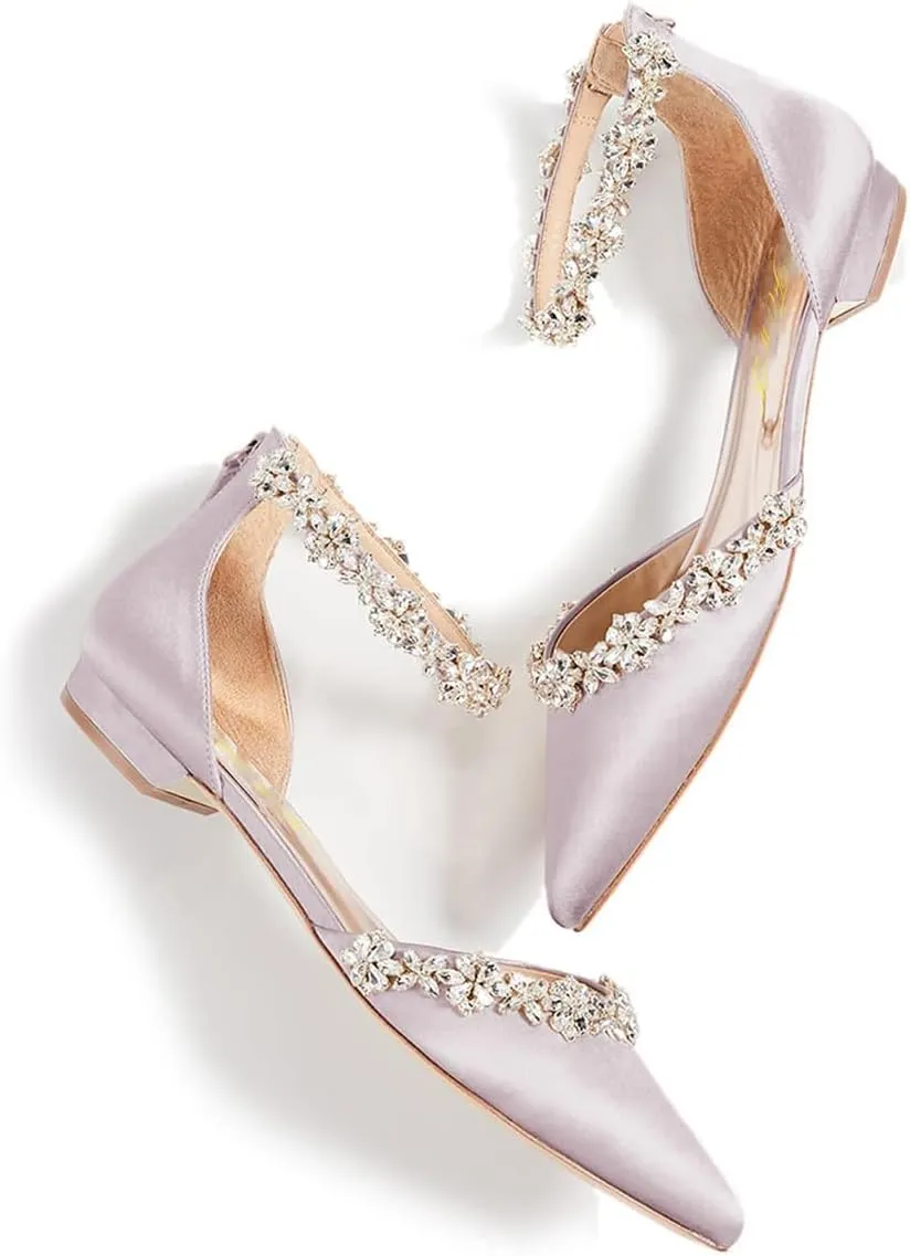 FOWT Elegant Satin Crystal Strap Back Zipper D'Orsay White Flats for Women Casual Closed Pointed Toe Shallow Dress Formal Shoes for Girls, US Size 4-16 M