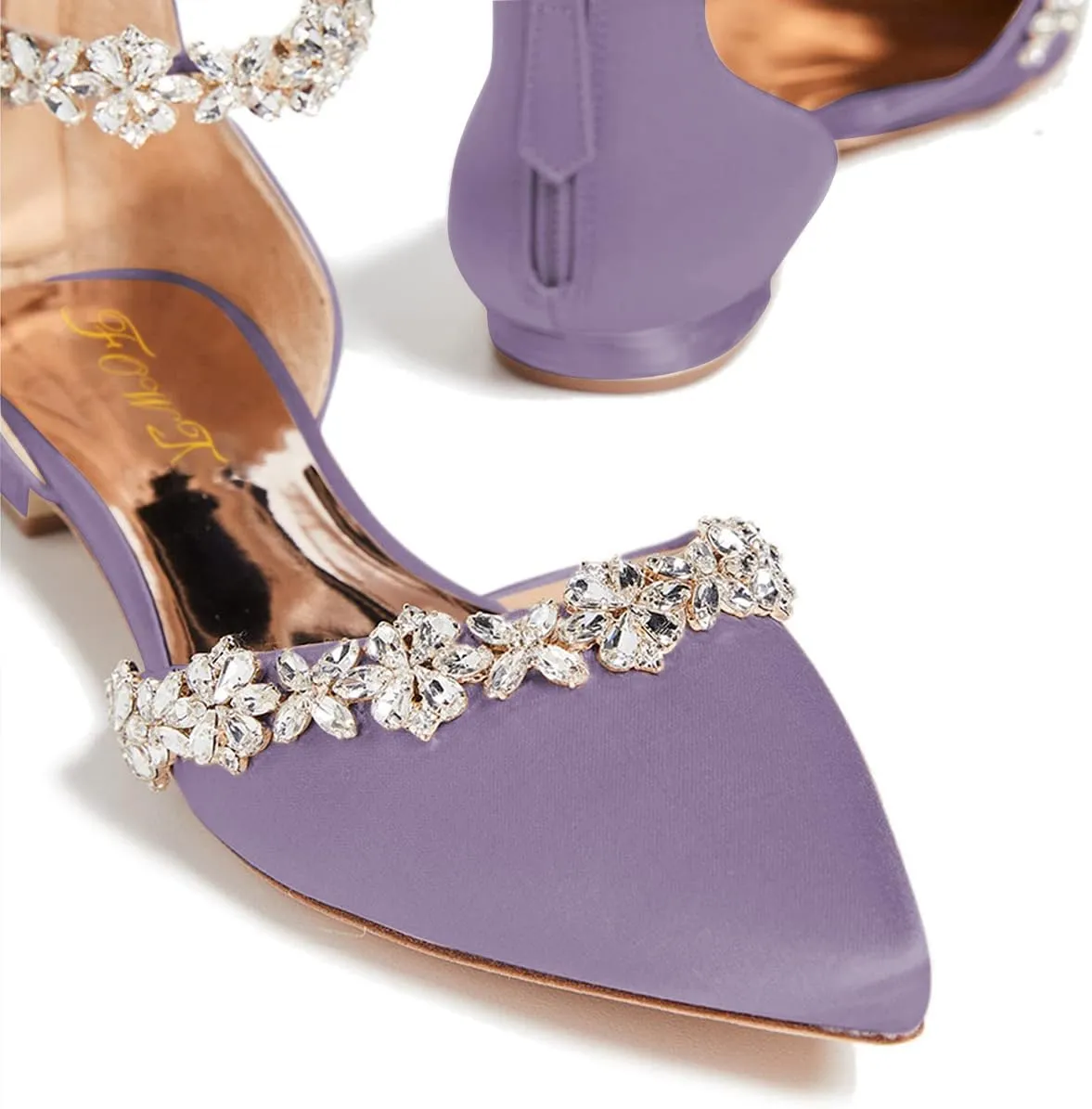 FOWT Elegant Satin Crystal Strap Back Zipper D'Orsay White Flats for Women Casual Closed Pointed Toe Shallow Dress Formal Shoes for Girls, US Size 4-16 M