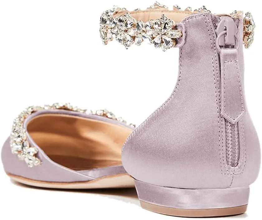 FOWT Elegant Satin Crystal Strap Back Zipper D'Orsay White Flats for Women Casual Closed Pointed Toe Shallow Dress Formal Shoes for Girls, US Size 4-16 M