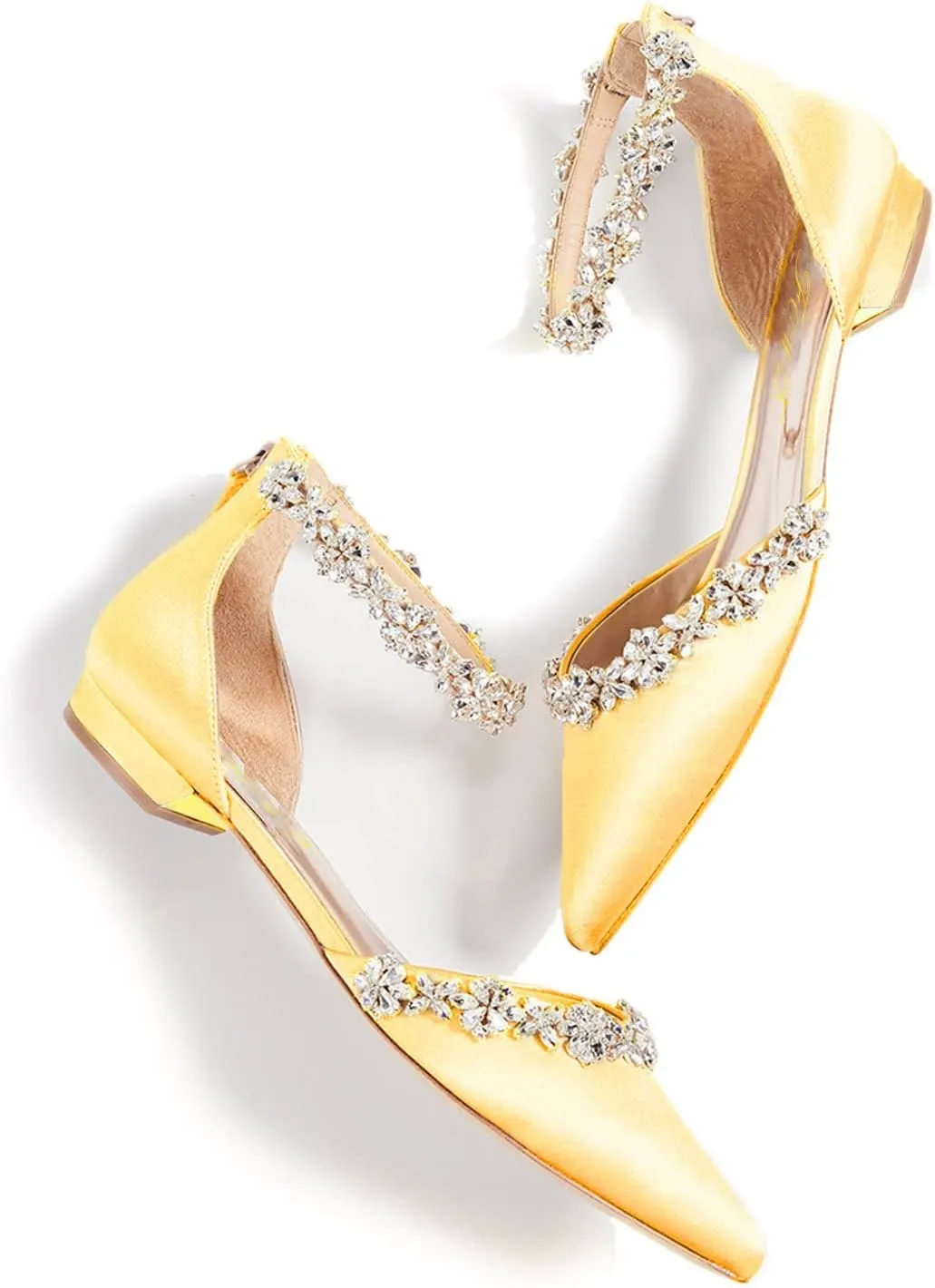 FOWT Elegant Satin Crystal Strap Back Zipper D'Orsay White Flats for Women Casual Closed Pointed Toe Shallow Dress Formal Shoes for Girls, US Size 4-16 M