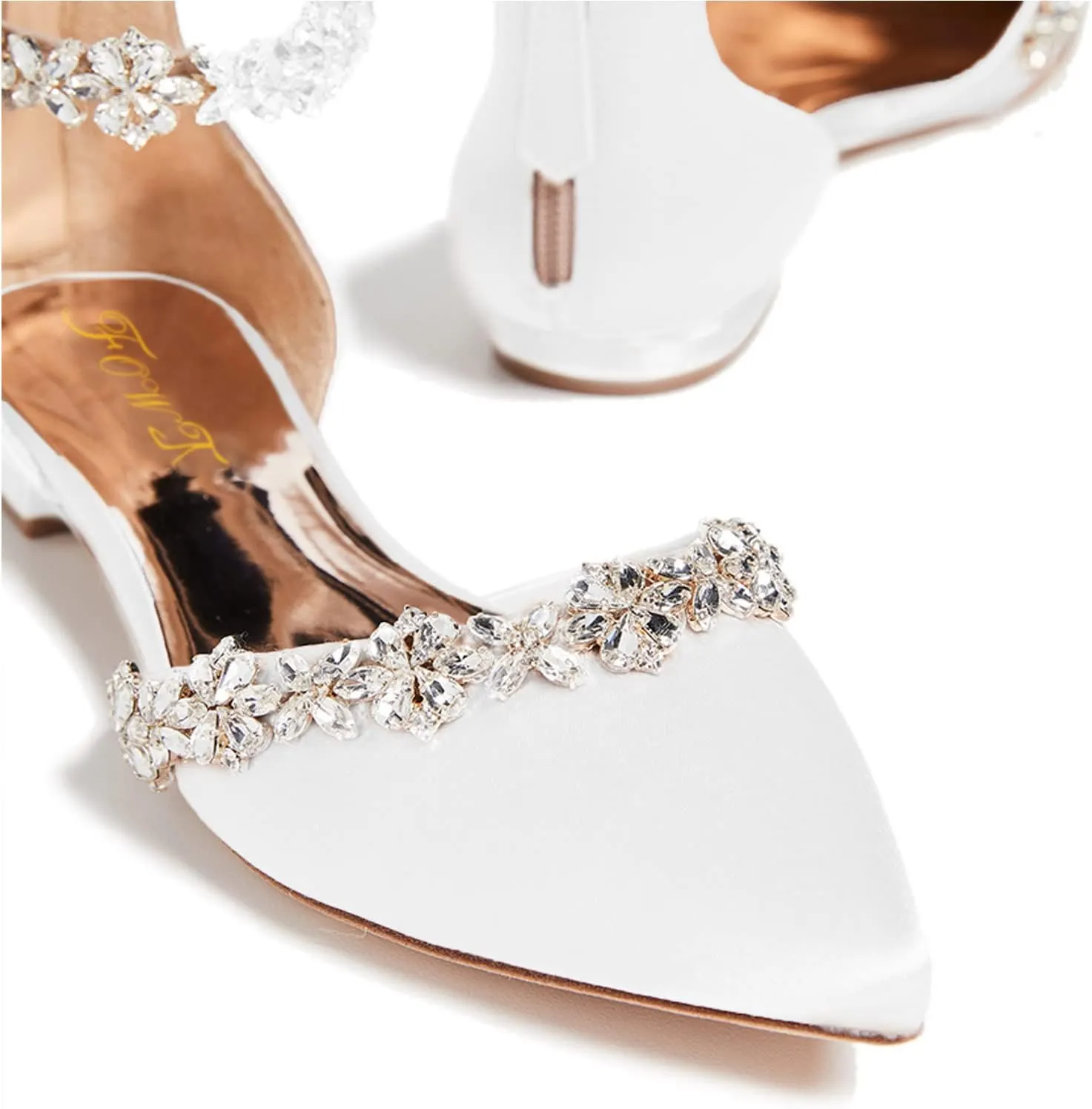 FOWT Elegant Satin Crystal Strap Back Zipper D'Orsay White Flats for Women Casual Closed Pointed Toe Shallow Dress Formal Shoes for Girls, US Size 4-16 M