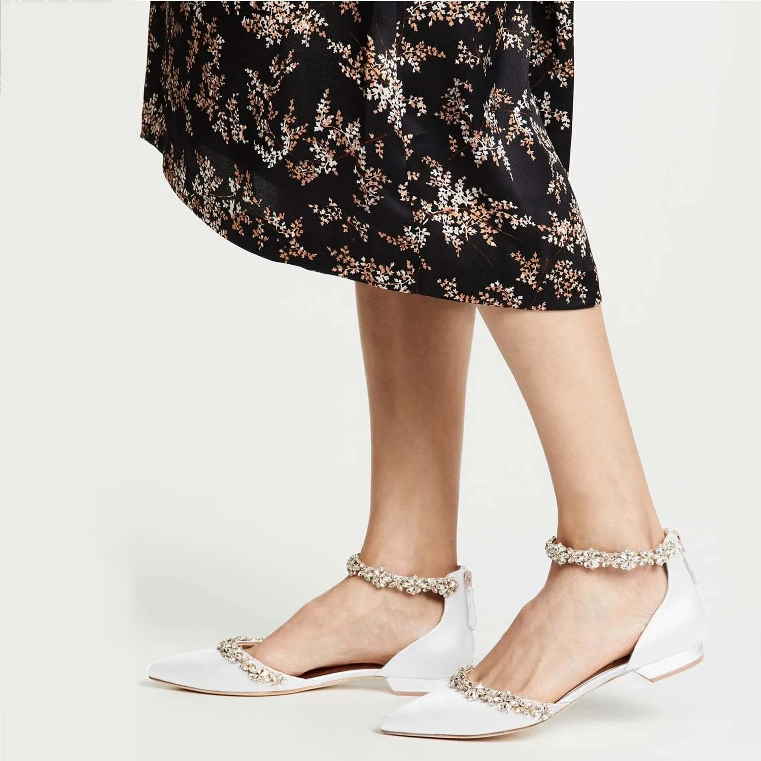 FOWT Elegant Satin Crystal Strap Back Zipper D'Orsay White Flats for Women Casual Closed Pointed Toe Shallow Dress Formal Shoes for Girls, US Size 4-16 M