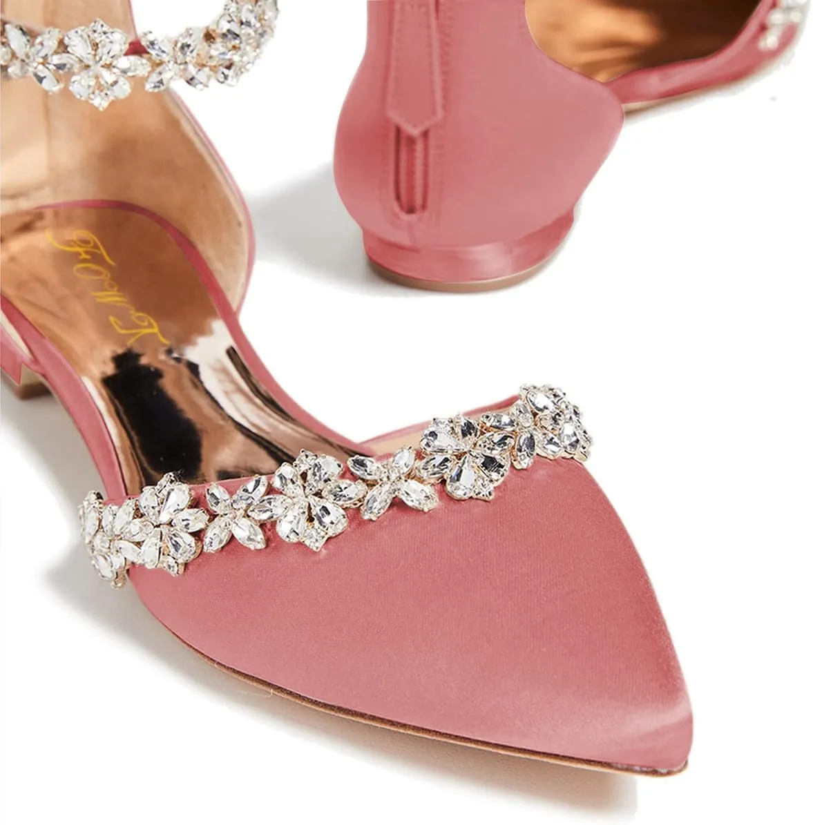FOWT Elegant Satin Crystal Strap Back Zipper D'Orsay White Flats for Women Casual Closed Pointed Toe Shallow Dress Formal Shoes for Girls, US Size 4-16 M