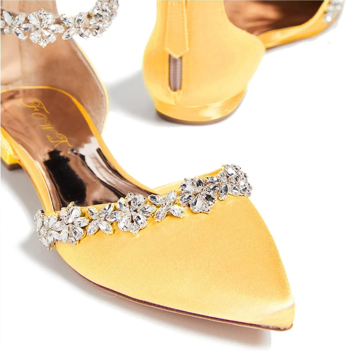 FOWT Elegant Satin Crystal Strap Back Zipper D'Orsay White Flats for Women Casual Closed Pointed Toe Shallow Dress Formal Shoes for Girls, US Size 4-16 M
