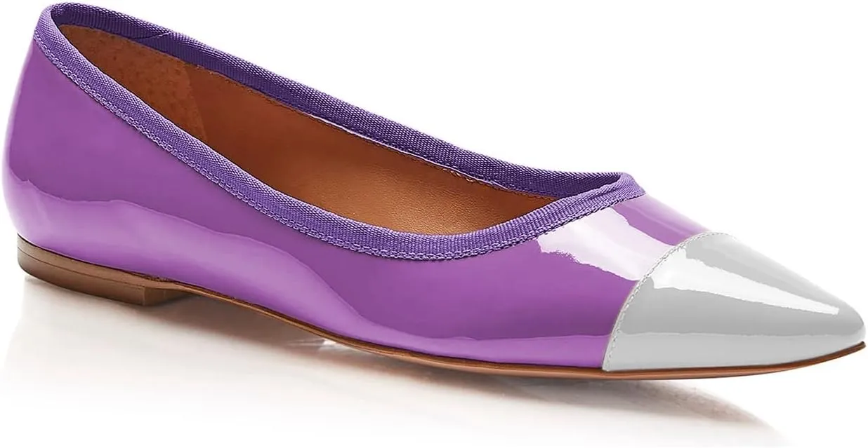 FOWT Spring Fashion Patent Leather Two Tone Classic Slip-on Pointed Toe Flats for Women Chic Cap Toe Low Heel Casual Dressy Daily Street Shoes, Nude US Size 4-16 M