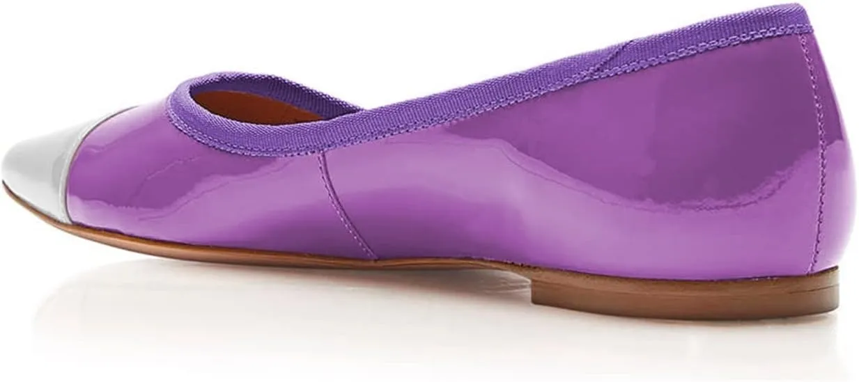 FOWT Spring Fashion Patent Leather Two Tone Classic Slip-on Pointed Toe Flats for Women Chic Cap Toe Low Heel Casual Dressy Daily Street Shoes, Nude US Size 4-16 M