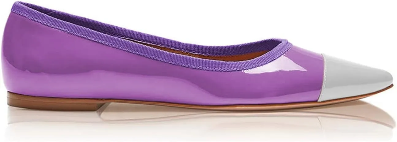 FOWT Spring Fashion Patent Leather Two Tone Classic Slip-on Pointed Toe Flats for Women Chic Cap Toe Low Heel Casual Dressy Daily Street Shoes, Nude US Size 4-16 M