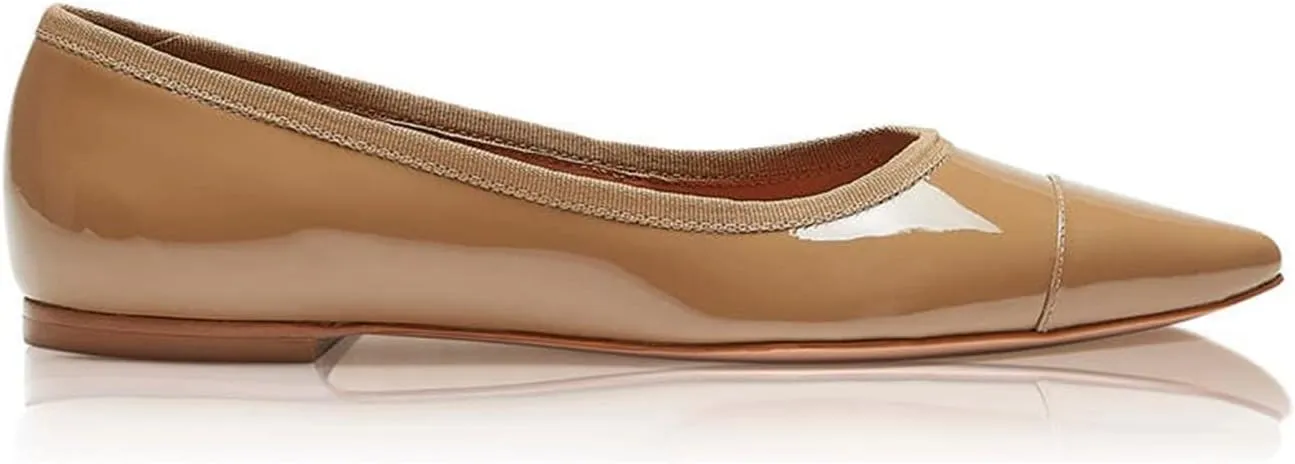 FOWT Spring Fashion Patent Leather Two Tone Classic Slip-on Pointed Toe Flats for Women Chic Cap Toe Low Heel Casual Dressy Daily Street Shoes, Nude US Size 4-16 M
