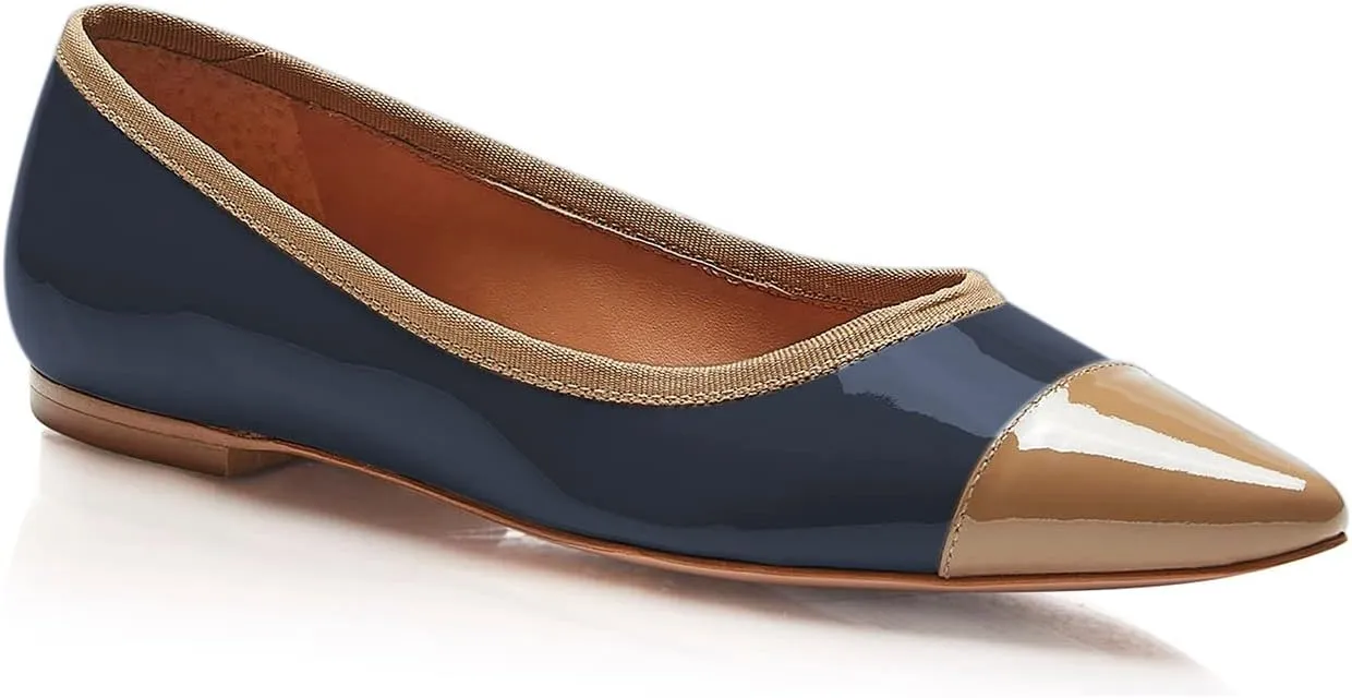 FOWT Spring Fashion Patent Leather Two Tone Classic Slip-on Pointed Toe Flats for Women Chic Cap Toe Low Heel Casual Dressy Daily Street Shoes, Nude US Size 4-16 M