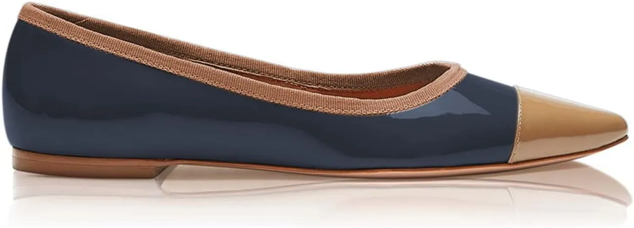 FOWT Spring Fashion Patent Leather Two Tone Classic Slip-on Pointed Toe Flats for Women Chic Cap Toe Low Heel Casual Dressy Daily Street Shoes, Nude US Size 4-16 M