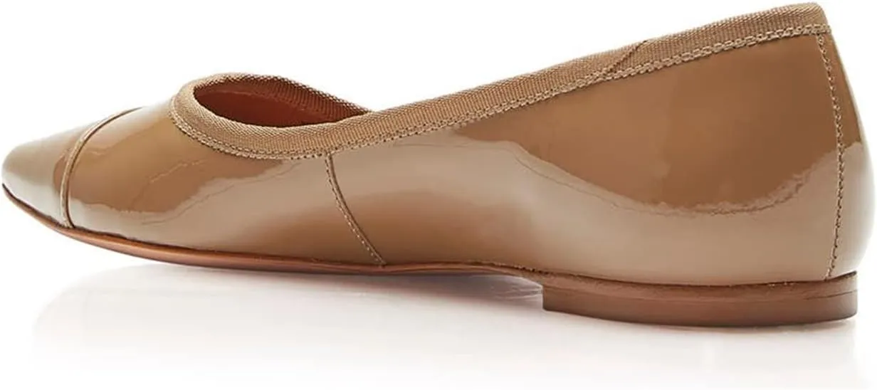 FOWT Spring Fashion Patent Leather Two Tone Classic Slip-on Pointed Toe Flats for Women Chic Cap Toe Low Heel Casual Dressy Daily Street Shoes, Nude US Size 4-16 M